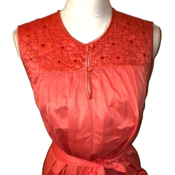 Short Nightgown Womens Vintage Nylon Matching Belt Buttons Embroidered Orange - Picture 4 of 9